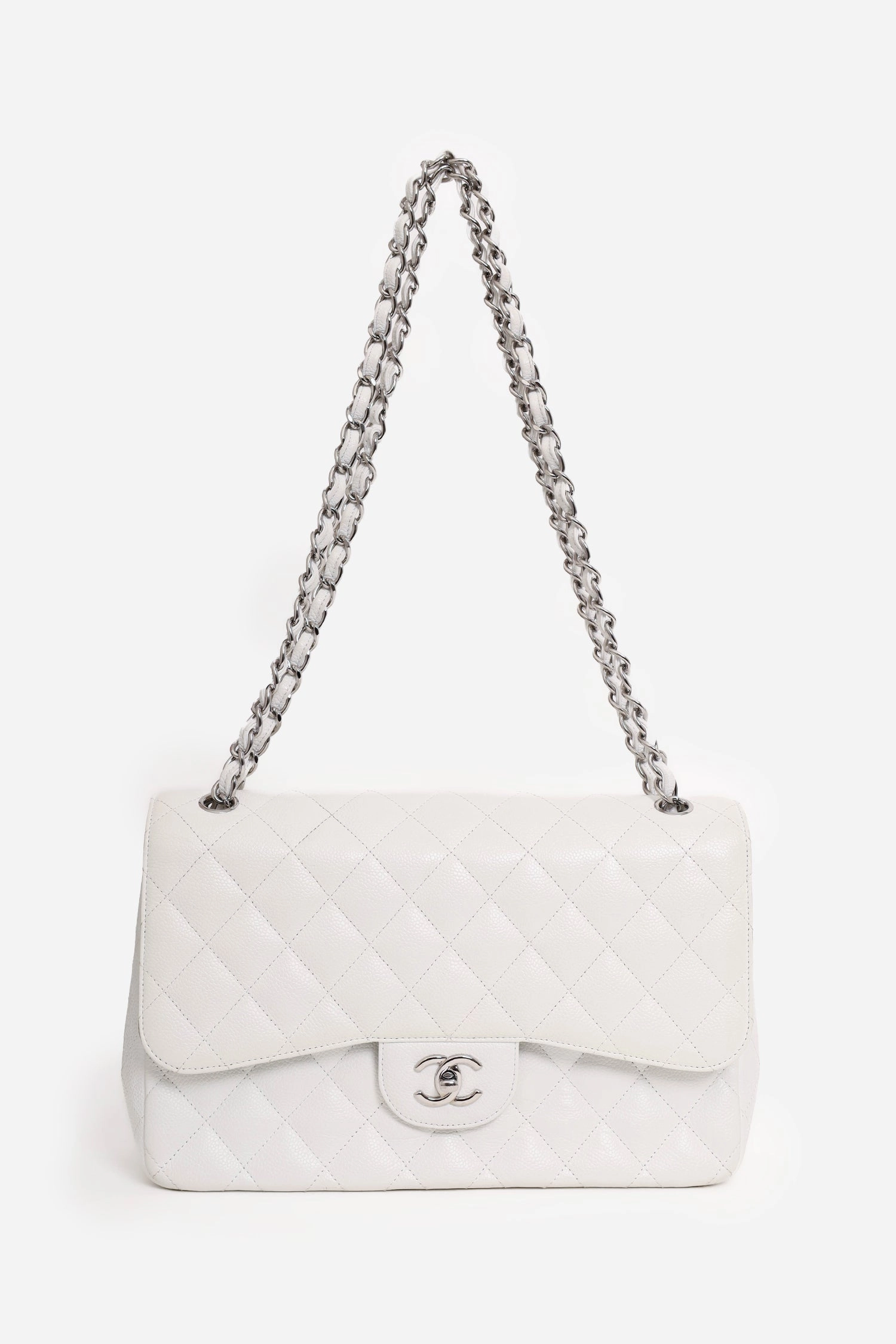 Pre-Loved Chanel 2011 White Caviar Leather Jumbo Classic Flap Shoulder Bag