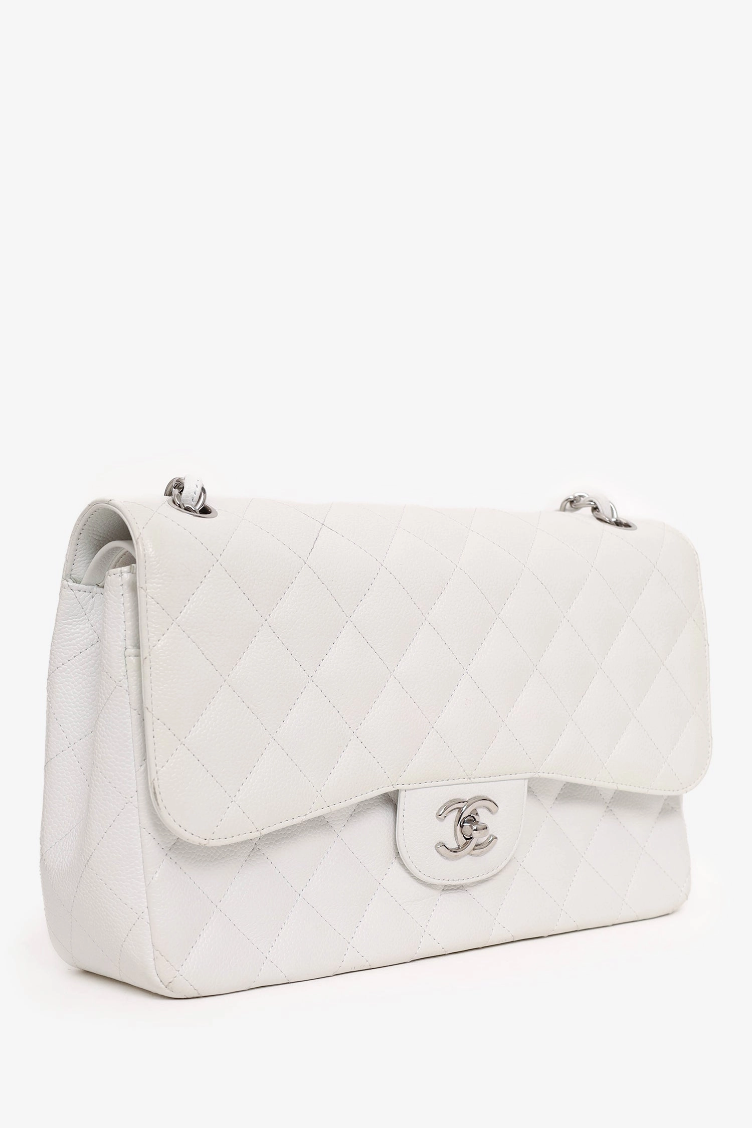 Pre-Loved Chanel 2011 White Caviar Leather Jumbo Classic Flap Shoulder Bag