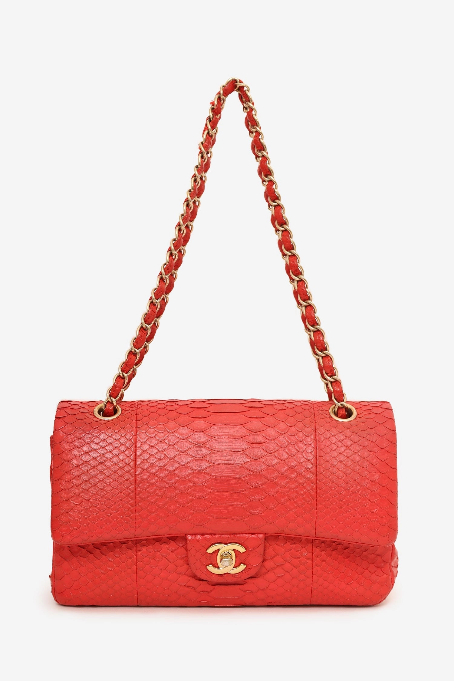 Pre-Loved Chanel 2016-17 Red Python Leather Medium Double Flap Bag