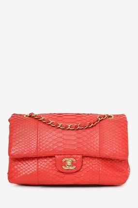Pre-Loved Chanel 2016-17 Red Python Leather Medium Double Flap Bag