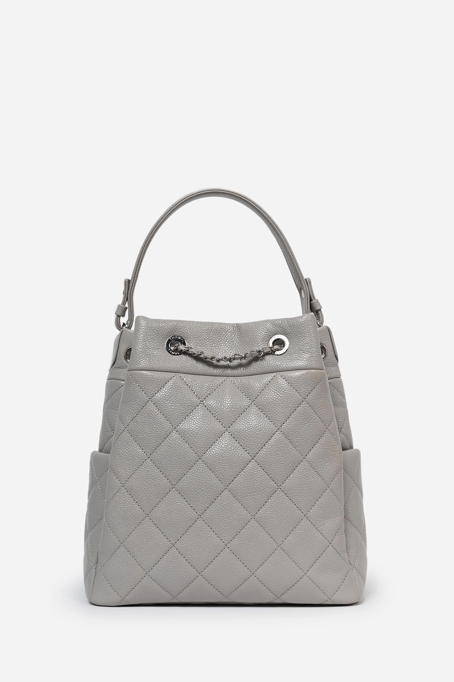 Pre-Loved Chanel 2019/20 Grey Caviar Leather Drawstring Crossbody Bucket Bag