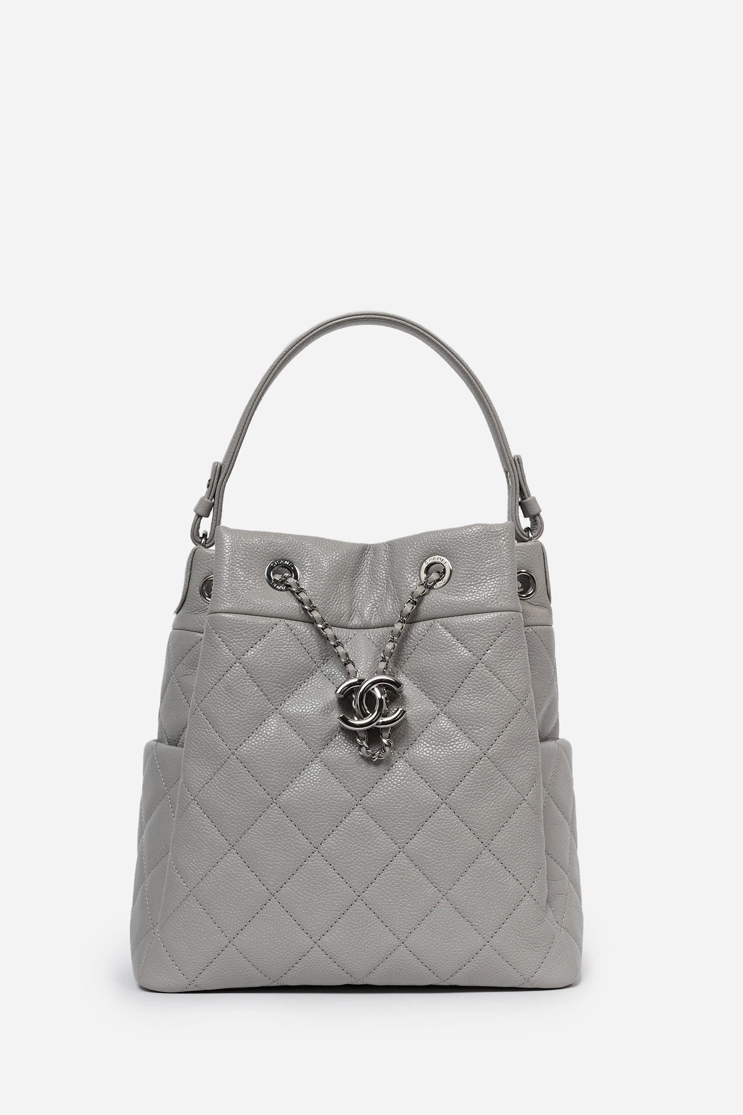 Pre-Loved Chanel 2019/20 Grey Caviar Leather Drawstring Crossbody Bucket Bag