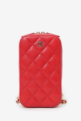 Pre-Loved Chanel 2019 Red Caviar Vertical ZIP Around Phone Chain Bag