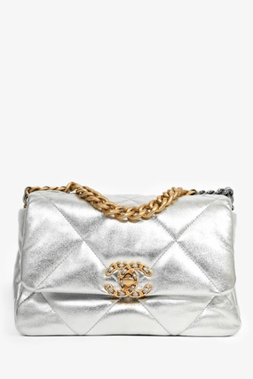 Pre-Loved Chanel 2020 Silver Lambskin Medium 19 Flap Bag
