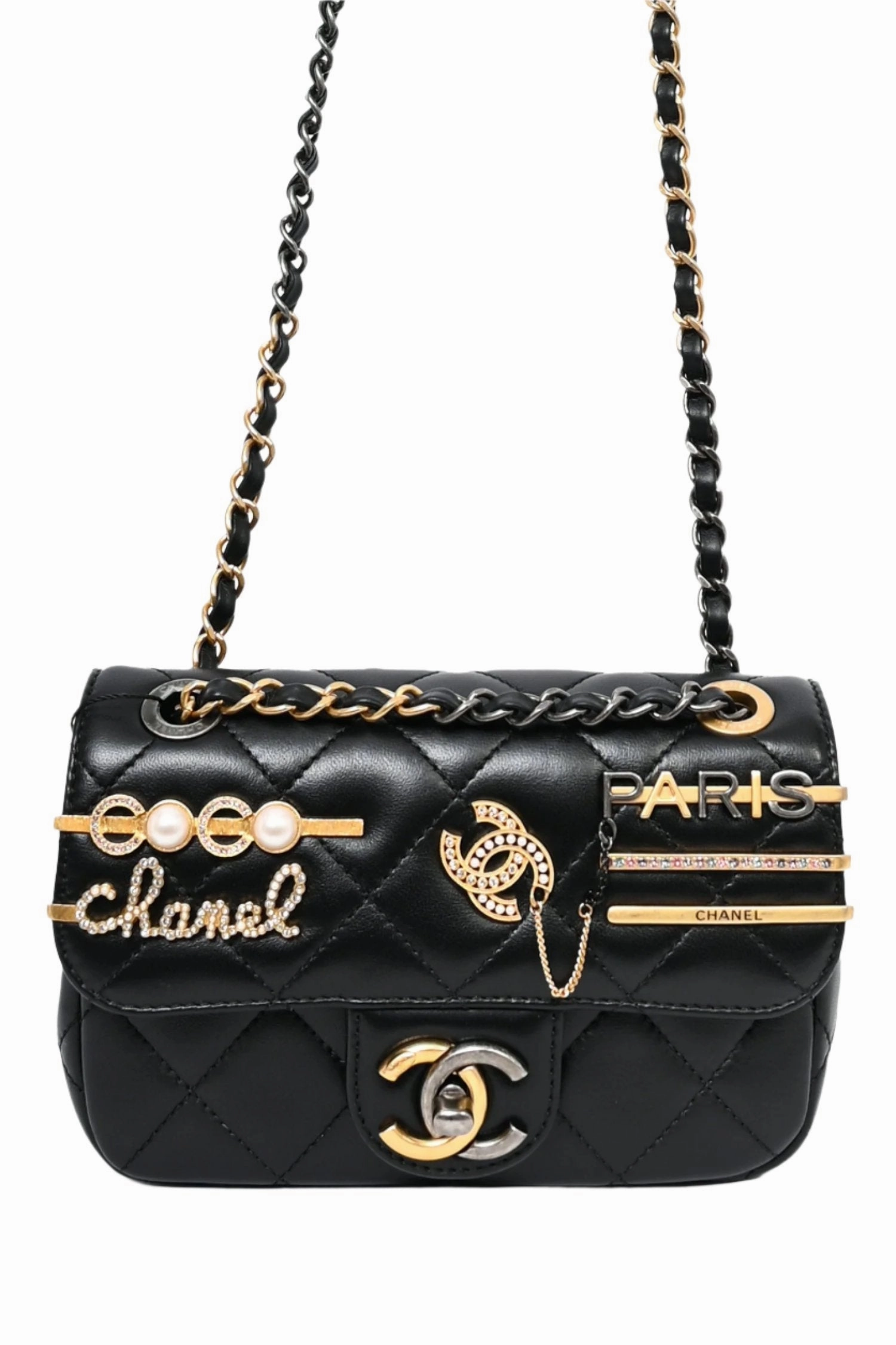 Pre-Loved Chanel 2022C Black Lambskin Coco Clip Charms Two-Tone CC Mini Flap Bag