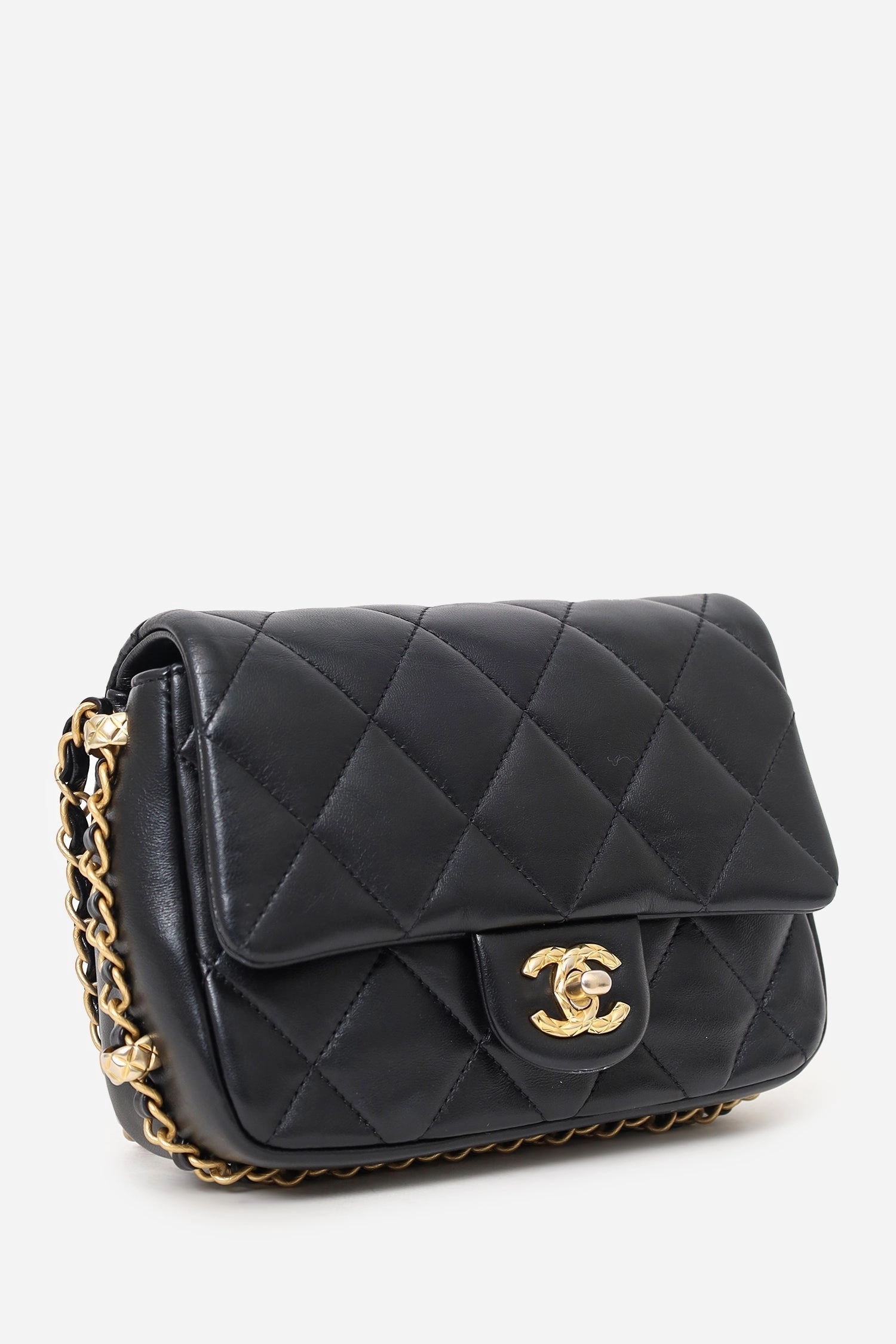 Pre-Loved Chanel 2023 Black Quilted Lambskin Chain Around Mini Square Flap Bag