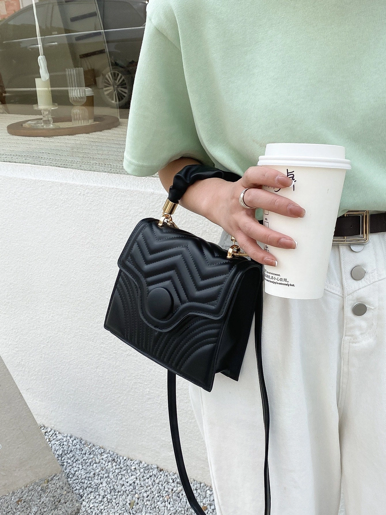 Quilted Flap Ruched Handle Satchel Bag