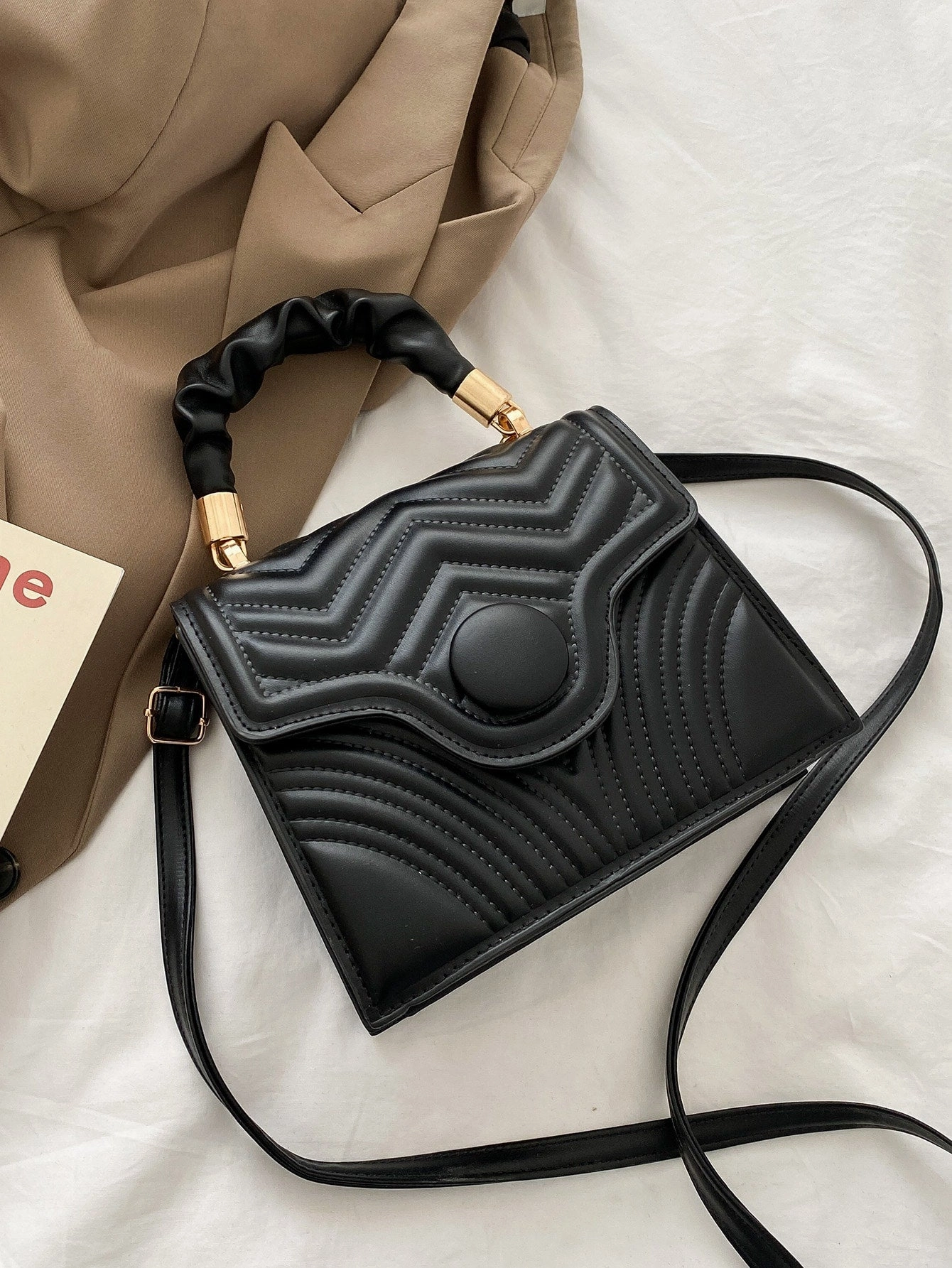 Quilted Flap Ruched Handle Satchel Bag