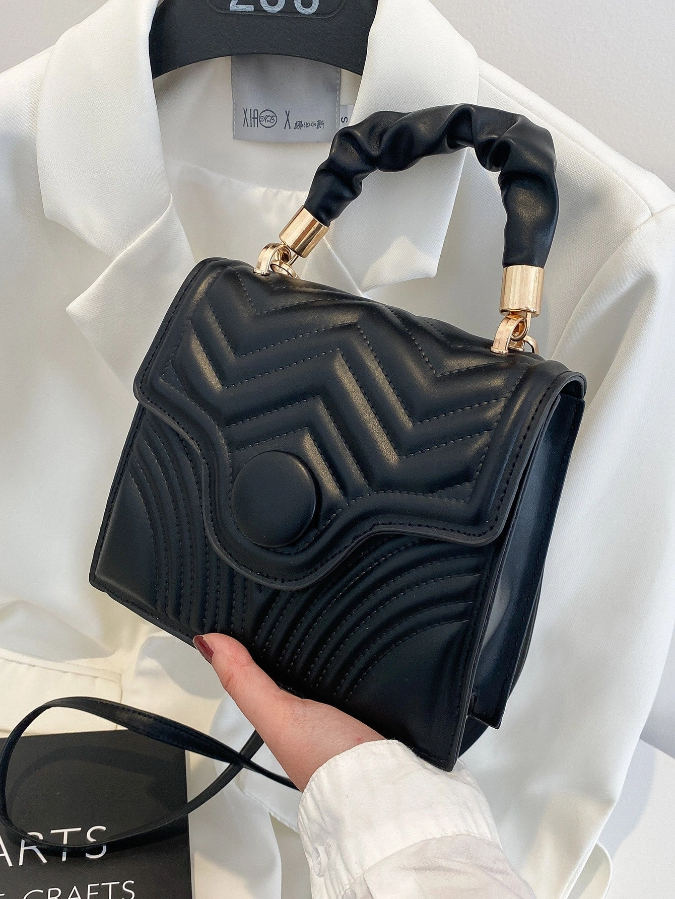 Quilted Flap Ruched Handle Satchel Bag