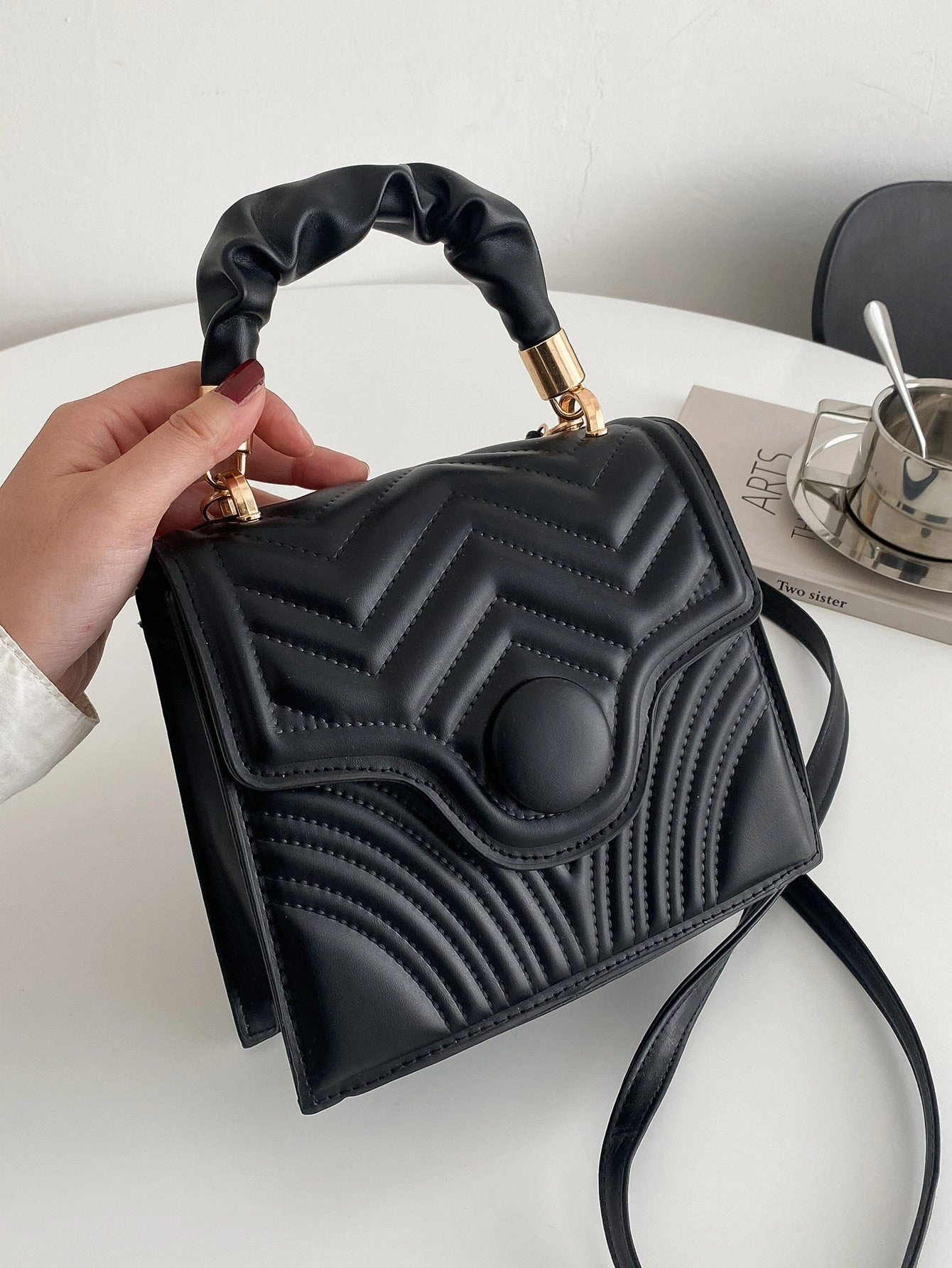 Quilted Flap Ruched Handle Satchel Bag