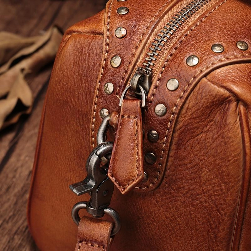 Red Vintage Ladies Leather Rivet Boston Handbag Purse Brown Shoulder Handbag for Women