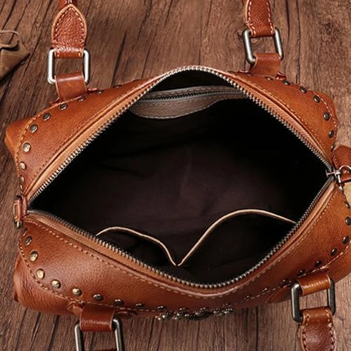 Red Vintage Ladies Leather Rivet Boston Handbag Purse Brown Shoulder Handbag for Women