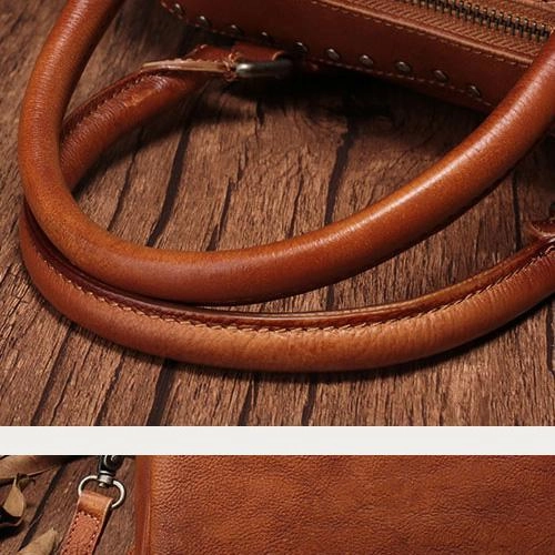 Red Vintage Ladies Leather Rivet Boston Handbag Purse Brown Shoulder Handbag for Women