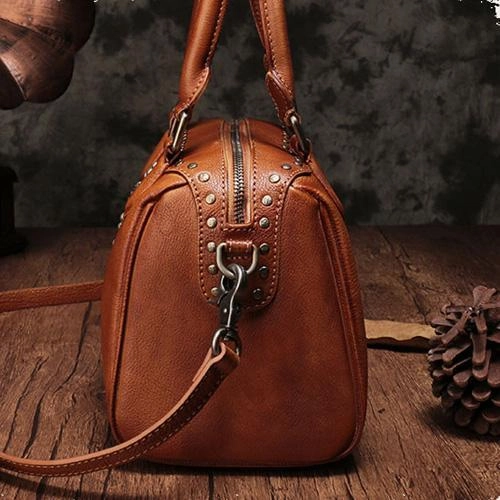 Red Vintage Ladies Leather Rivet Boston Handbag Purse Brown Shoulder Handbag for Women