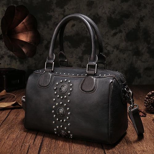 Red Vintage Ladies Leather Rivet Boston Handbag Purse Brown Shoulder Handbag for Women