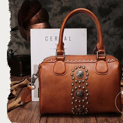 Red Vintage Ladies Leather Rivet Boston Handbag Purse Brown Shoulder Handbag for Women