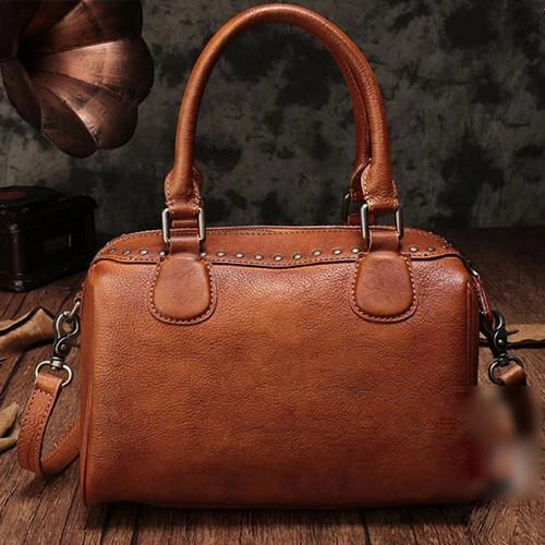 Red Vintage Ladies Leather Rivet Boston Handbag Purse Brown Shoulder Handbag for Women