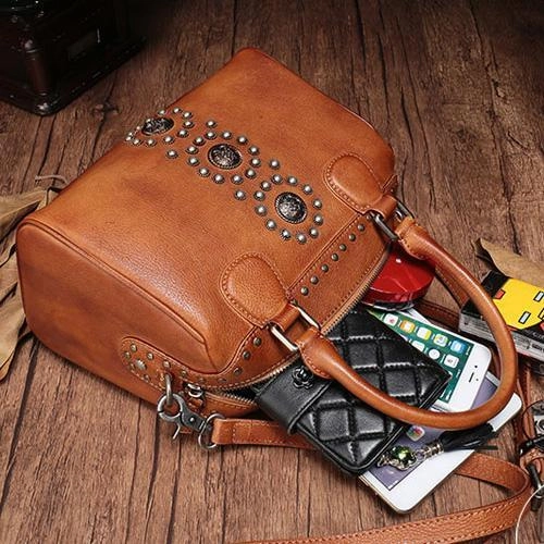 Red Vintage Ladies Leather Rivet Boston Handbag Purse Brown Shoulder Handbag for Women