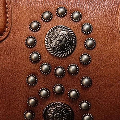 Red Vintage Ladies Leather Rivet Boston Handbag Purse Brown Shoulder Handbag for Women