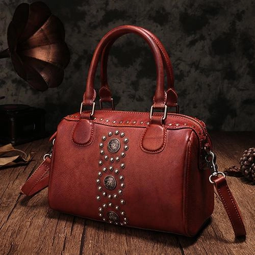 Red Vintage Ladies Leather Rivet Boston Handbag Purse Brown Shoulder Handbag for Women