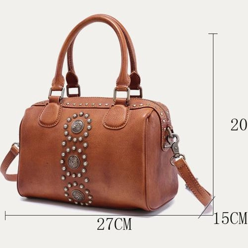 Red Vintage Ladies Leather Rivet Boston Handbag Purse Brown Shoulder Handbag for Women