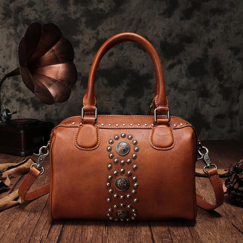Red Vintage Ladies Leather Rivet Boston Handbag Purse Brown Shoulder Handbag for Women