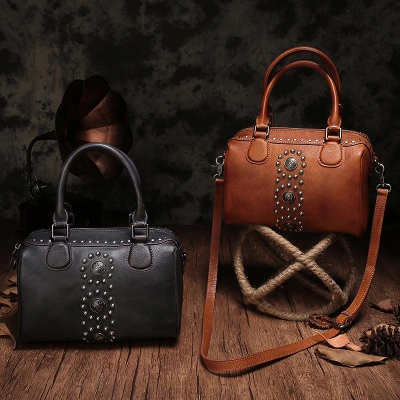 Red Vintage Ladies Leather Rivet Boston Handbag Purse Brown Shoulder Handbag for Women