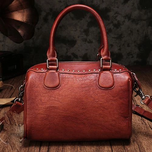 Red Vintage Ladies Leather Rivet Boston Handbag Purse Brown Shoulder Handbag for Women