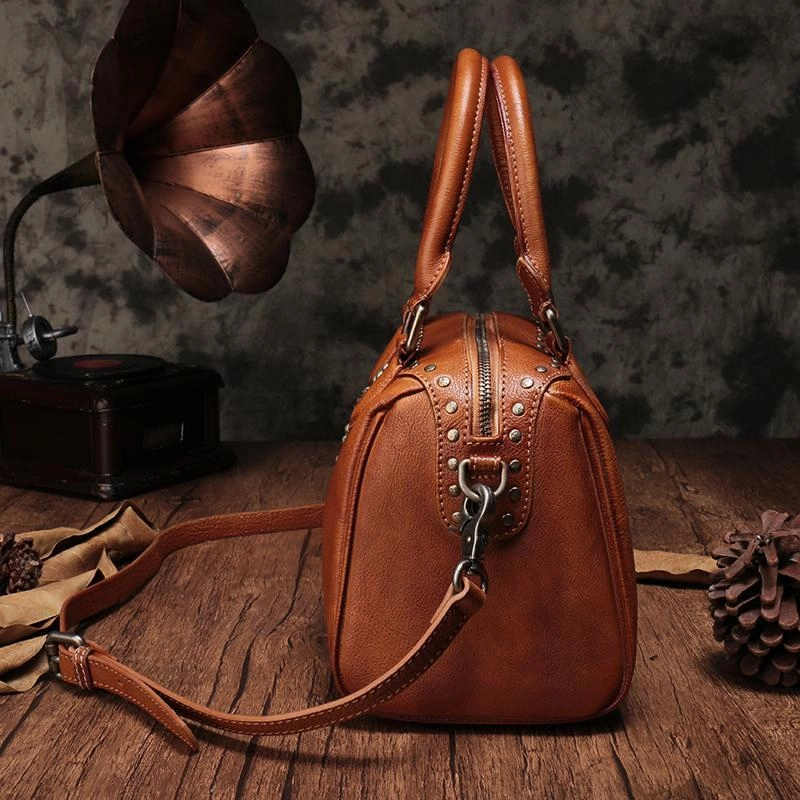 Red Vintage Ladies Leather Rivet Boston Handbag Purse Brown Shoulder Handbag for Women