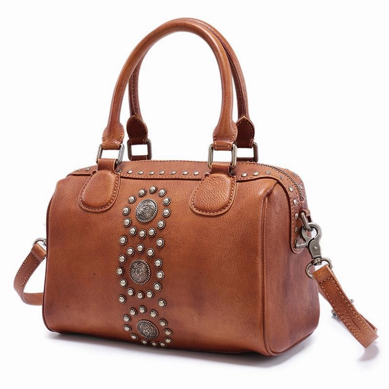 Red Vintage Ladies Leather Rivet Boston Handbag Purse Brown Shoulder Handbag for Women
