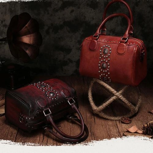 Red Vintage Ladies Leather Rivet Boston Handbag Purse Brown Shoulder Handbag for Women