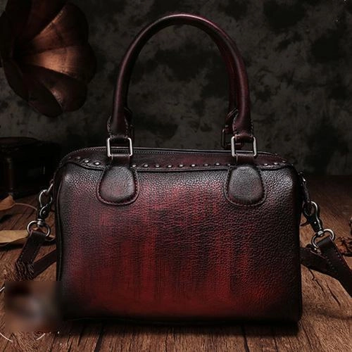 Red Vintage Ladies Leather Rivet Boston Handbag Purse Brown Shoulder Handbag for Women