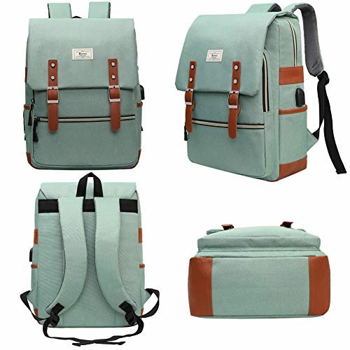 Ronyes Vintage Laptop Backpack for Women Men Unisex College Bag School College Bookbag 15.6inch Laptop Bag Small Computer Backpack Stylish Casual Rucksack Daypacks with USB Charging Port (LightGreen)