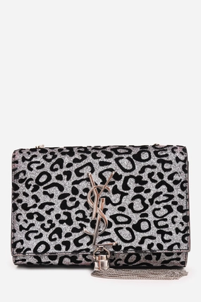 Saint Laurent Black Silver Animal Print Kate Tassle Small Crossbody