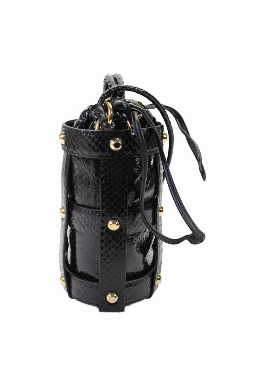 Salvatore Ferragamo Womens Leather Cage Drawstring Studded Bucket Handbag Black