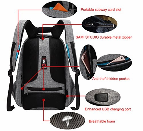 Sami Tudio Anti-Theft Backpack With Usb Charging Port Business Laptop Backpack Fits To 15.6 Inch