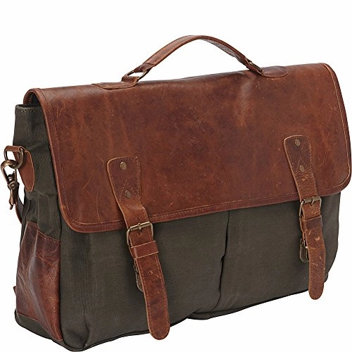 Sharo Leather Bags Laptop Messenger Bag And Brief Brown Leather/Green Canvas