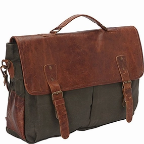 Sharo Leather Bags Laptop Messenger Bag And Brief Brown Leather/Green Canvas