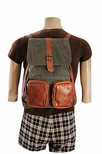 Sharo Leather Bags Leather And Canvas Backpack (Green And Brown Two Tone)