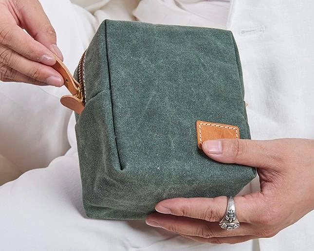 Small Canvas Leather Mens Box Bag Zipper Storage Bag Purse Clutch for Men