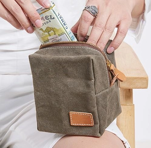 Small Canvas Leather Mens Box Bag Zipper Storage Bag Purse Clutch for Men