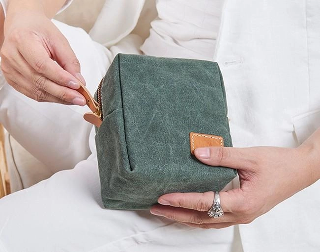 Small Canvas Leather Mens Box Bag Zipper Storage Bag Purse Clutch for Men