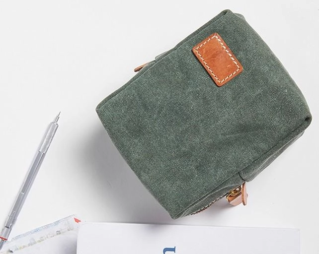 Small Canvas Leather Mens Box Bag Zipper Storage Bag Purse Clutch for Men
