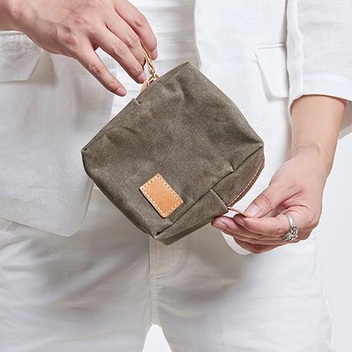 Small Canvas Leather Mens Box Bag Zipper Storage Bag Purse Clutch for Men