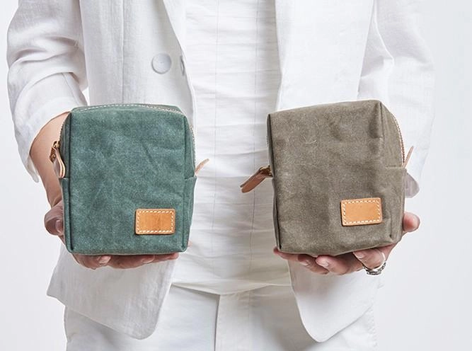 Small Canvas Leather Mens Box Bag Zipper Storage Bag Purse Clutch for Men