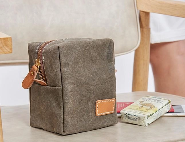 Small Canvas Leather Mens Box Bag Zipper Storage Bag Purse Clutch for Men