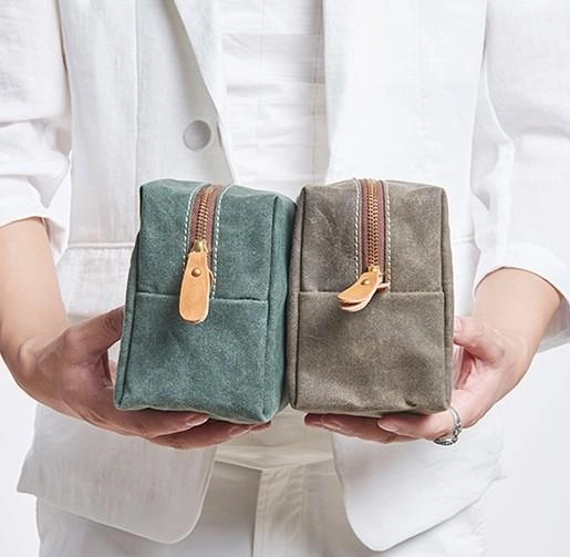 Small Canvas Leather Mens Box Bag Zipper Storage Bag Purse Clutch for Men