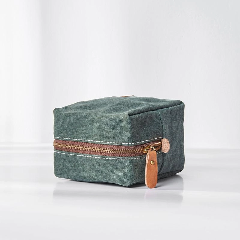 Small Canvas Leather Mens Box Bag Zipper Storage Bag Purse Clutch for Men