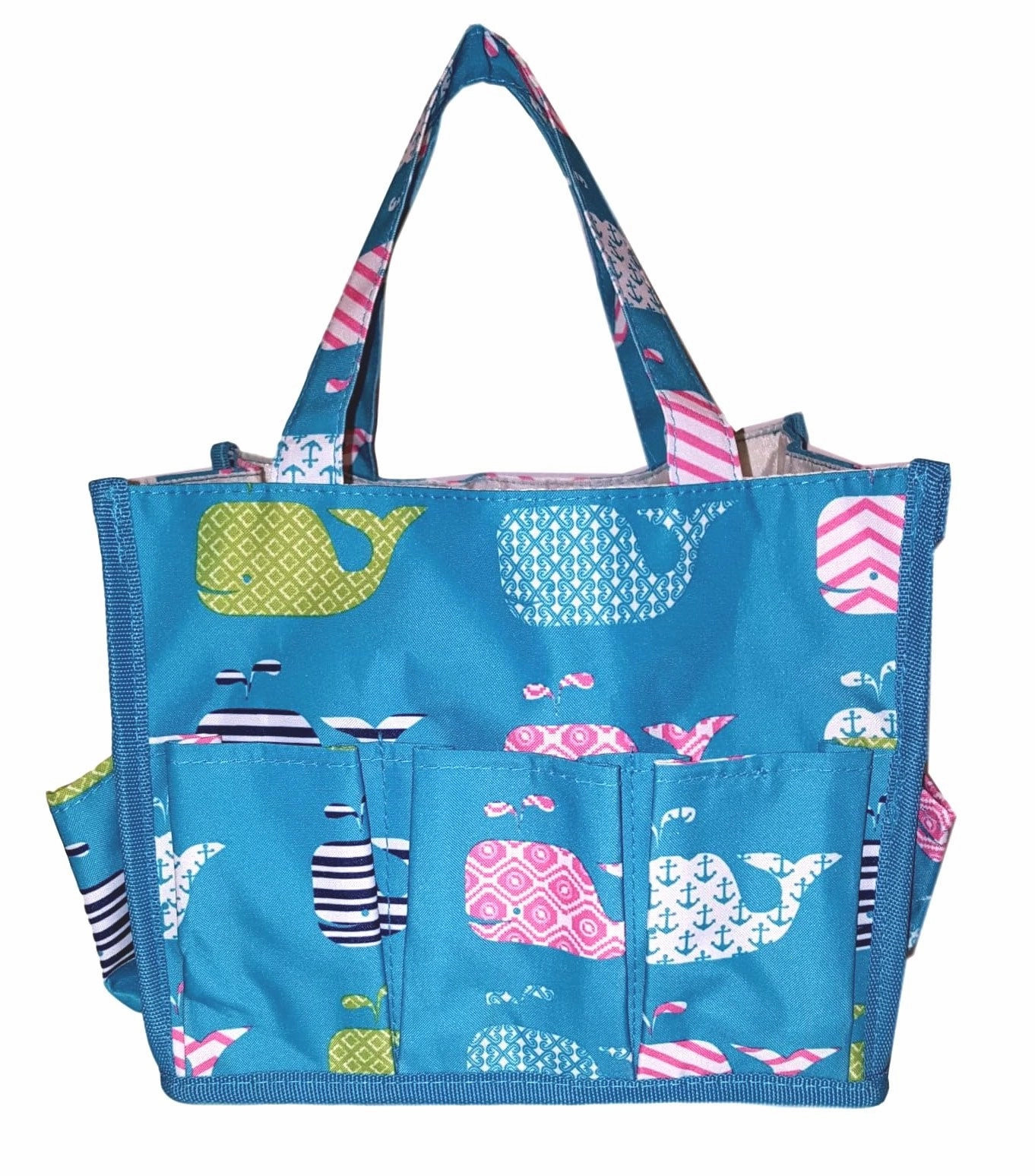 Small Fashion Organizing Tote Bag - 12 Outside Pockets 10" x 8" x 8" - Personalization Available (Turquoise Whale)