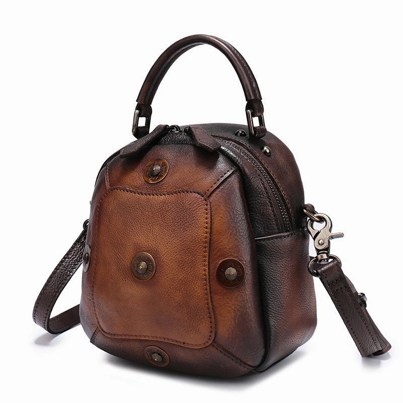 Small Green Leather Womens Rivets Shoulder Bag Barrel Small Handmade Handbag Purse for Ladies
